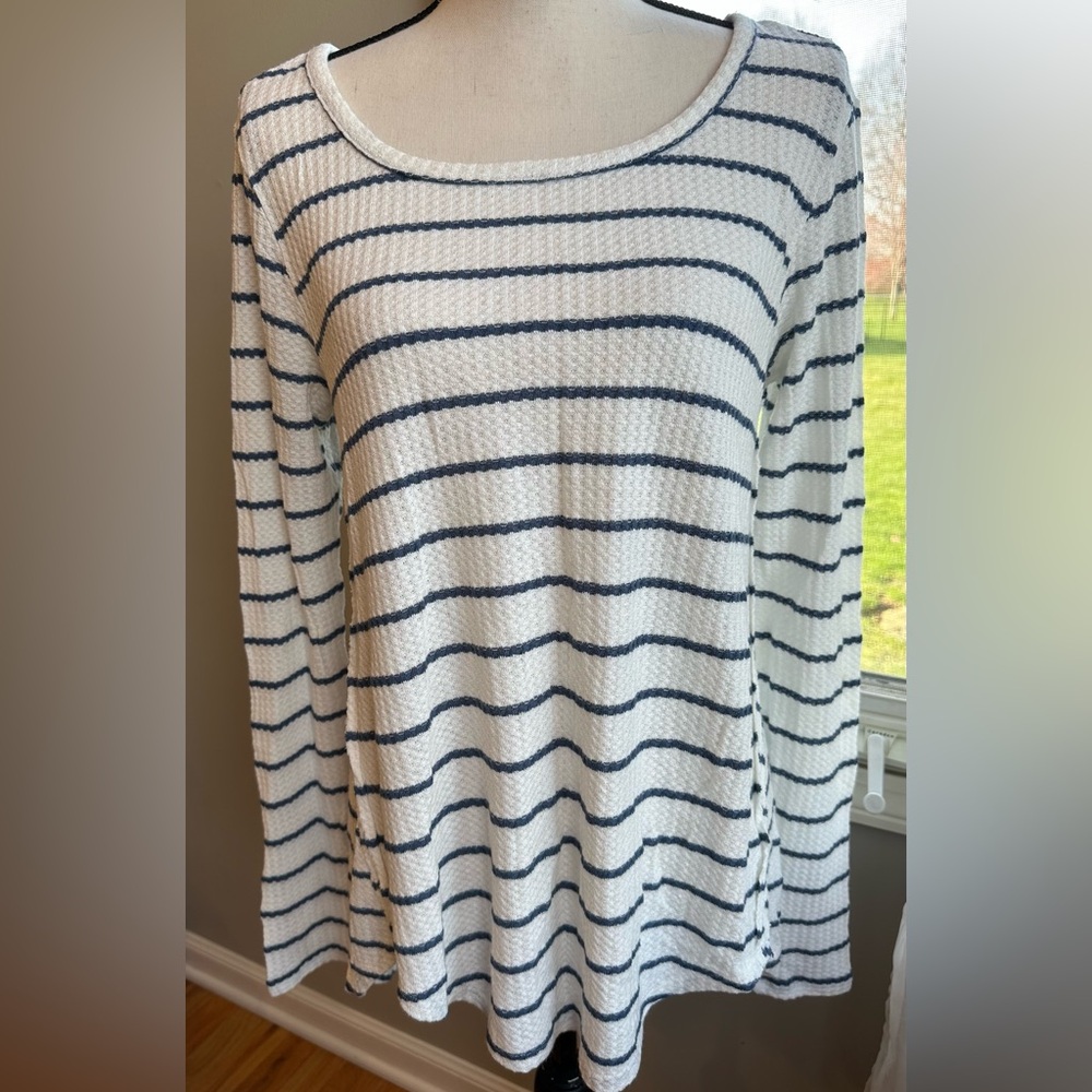 Love 8 lightweight Long sleeved Waffle knit Top Tunic coastal, blue/cream stripe